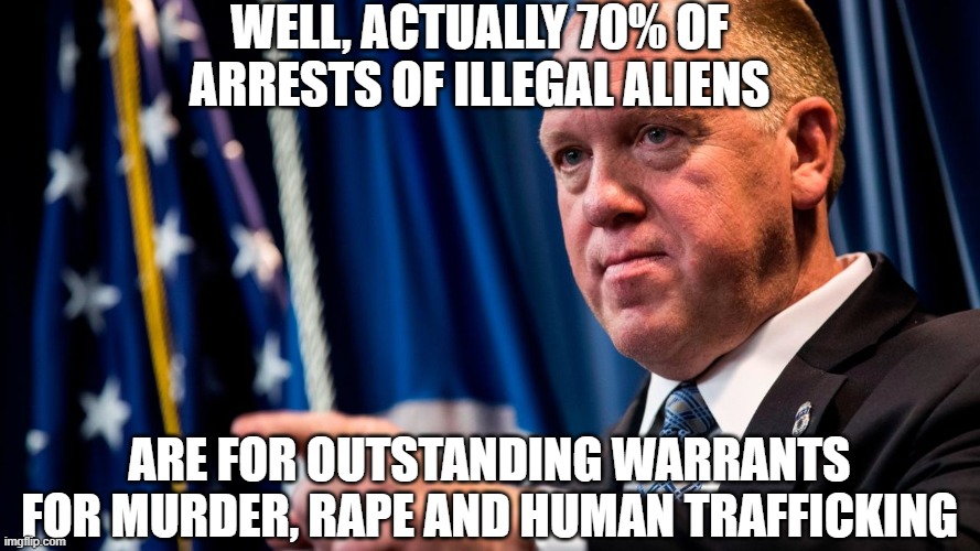 Tom Homan | well, actually 70% of arrests of illegal aliens are for outstanding warrants for murder, rape and human trafficking | image tagged in tom homan | made w/ Imgflip meme maker