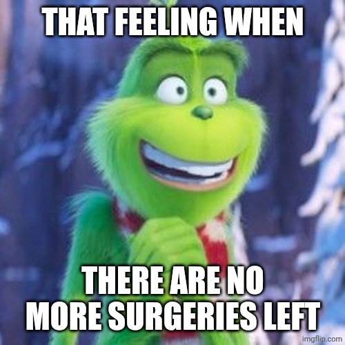 Happy Grinch | That feeling when There are no more surgeries left | image tagged in happy grinch | made w/ Imgflip meme maker