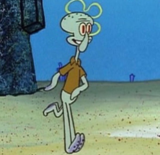 Happy Squidward running Blank Meme Template
