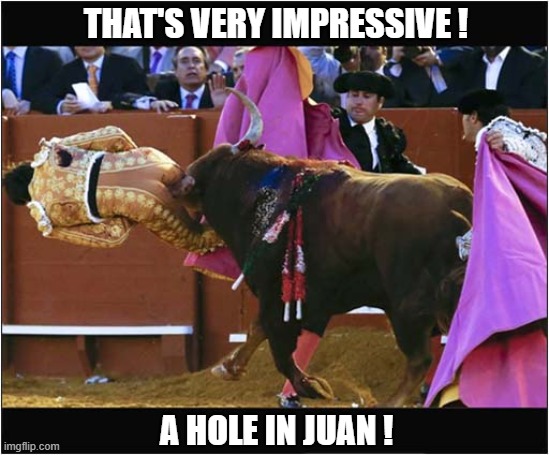 A Dangerous Game | That's Very Impressive ! A Hole In Juan ! | image tagged in bull fight,horns,hole in one | made w/ Imgflip meme maker