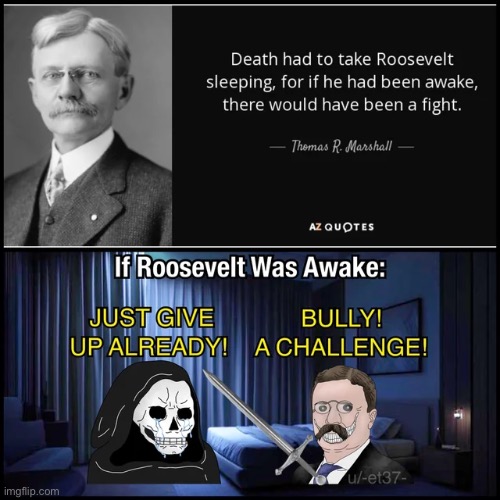 Fate had to nerf Roosevelt, for the battle would’ve been too epic | image tagged in teddy roosevelt,theodore,usa,grim reaper | made w/ Imgflip meme maker