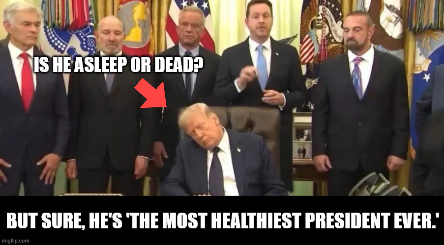 He's having strokes on camera. He can't stay awake. But sure, sure, he's healthy. | Is he asleep or dead? But sure, he's 'the most healthiest president ever.' | image tagged in dementia,dementia donny,trump,sleepy | made w/ Imgflip meme maker