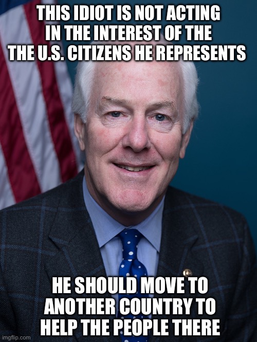 Politician supporting amnesty should be voted out. They are supposed to represent US citizens, not foreigners. | This idiot is not acting in the interest of the the U.S. citizens he represents; he should move to another country to help the people there | image tagged in scumbag cornyn,amnesty | made w/ Imgflip meme maker