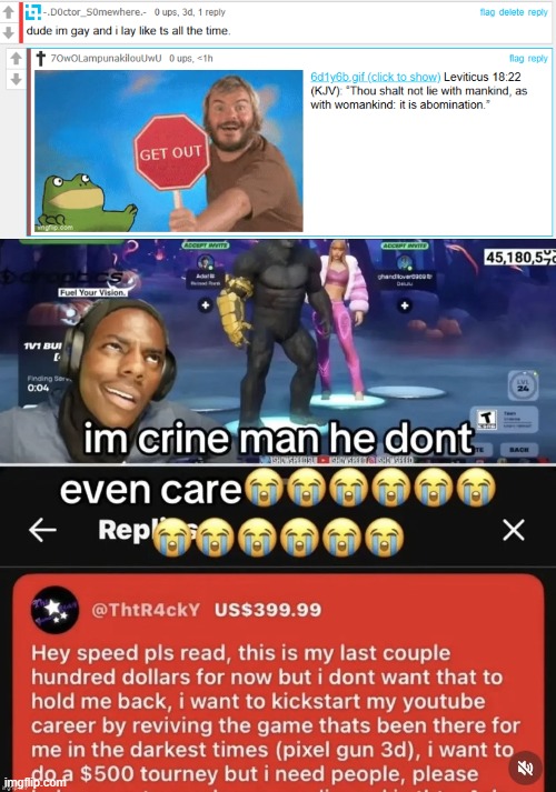 image tagged in i'm crine he don't even care | made w/ Imgflip meme maker