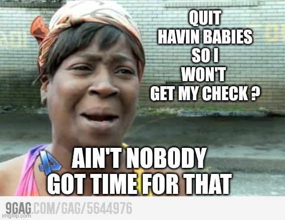 Sweet Brown | Quit havin babies so I won't 
get my check ? Ain't nobody got time for that | image tagged in sweet brown | made w/ Imgflip meme maker