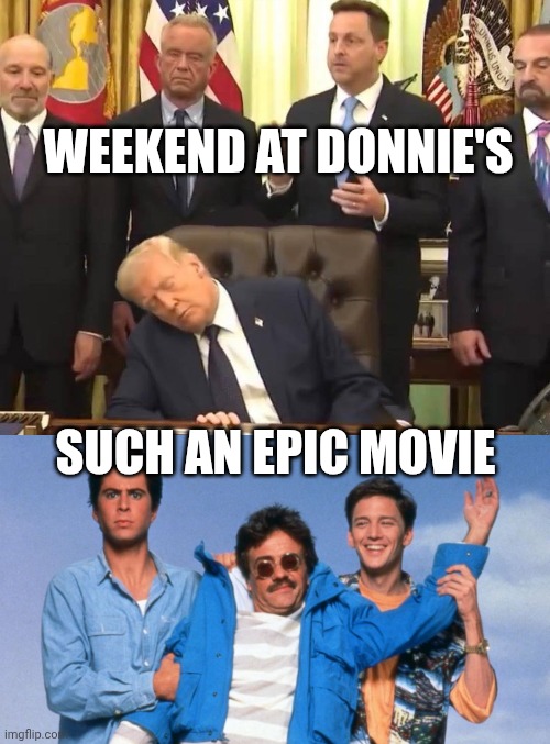Has he rejoined his friend Jeffrey yet? | Weekend at donnie's; Such an epic movie | image tagged in donald trump sleeping at work,weekend at bernie's,trump unfit unqualified dangerous,donald trump,impeach trump | made w/ Imgflip meme maker