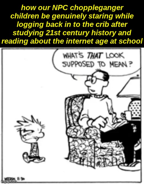 they either cooked or cooking as a generation | how our NPC choppleganger children be genuinely staring while logging back in to the crib after studying 21st century history and reading about the internet age at school | image tagged in memes,funny,funny memes,calvin and hobbes | made w/ Imgflip meme maker