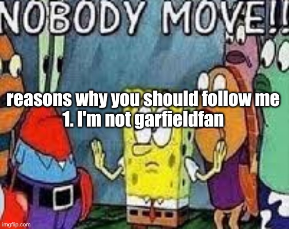 NOBODY MOVE!! | reasons why you should follow me
1. I'm not garfieldfan | image tagged in nobody move | made w/ Imgflip meme maker