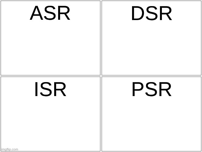 the forms of ASR,ISR,DSR,PSR(ISR is the fast one,DSR is the one that uses depression-based attacks,and PSR is a pastafarian) | ASR; DSR; ISR; PSR | image tagged in memes,blank comic panel 2x2 | made w/ Imgflip meme maker