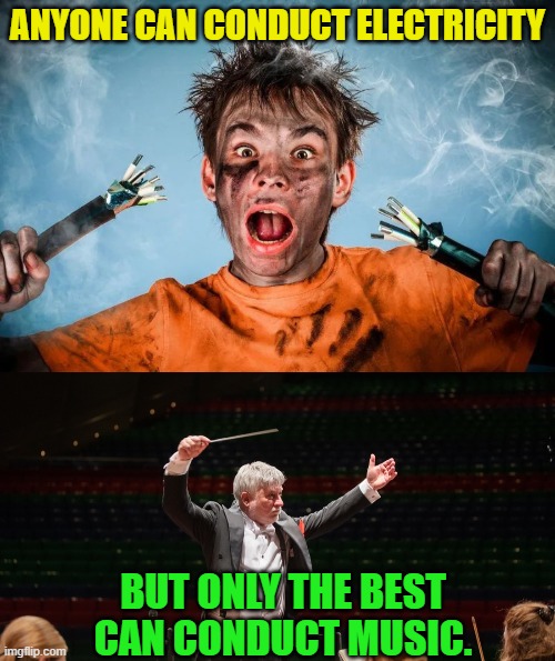 What can you conduct? | ANYONE CAN CONDUCT ELECTRICITY; BUT ONLY THE BEST
CAN CONDUCT MUSIC. | image tagged in conductors,electric,shock,music,orchestra,dark humor | made w/ Imgflip meme maker