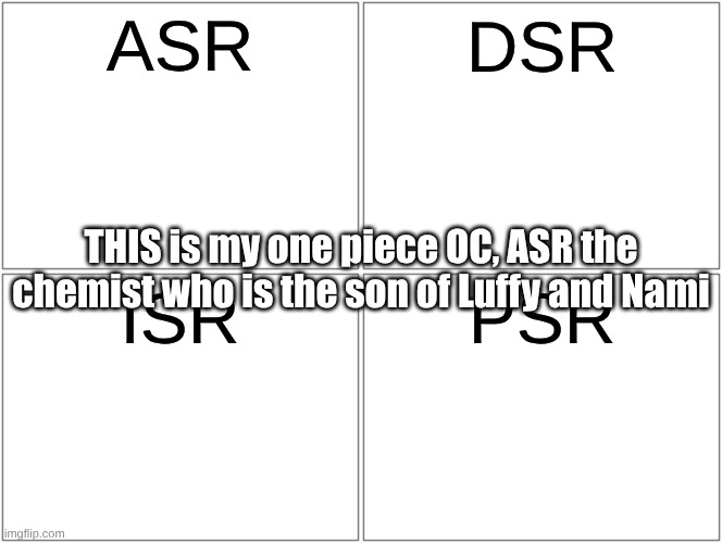 ASR,ISR,DSR,PSR(Main,Speed,Attack,Pastafarian) | ASR; DSR; THIS is my one piece OC, ASR the chemist who is the son of Luffy and Nami; ISR; PSR | image tagged in memes,blank comic panel 2x2,remix | made w/ Imgflip meme maker