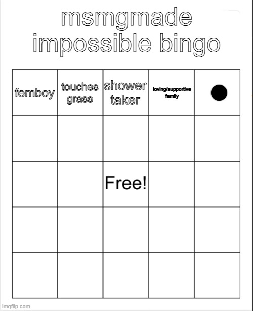 Blank Bingo | msmgmade impossible bingo; shower taker; touches grass; femboy; loving/supportive family | image tagged in blank bingo,remix | made w/ Imgflip meme maker