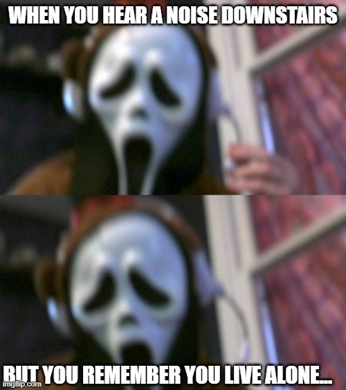 ghost face kid meme | when you hear a noise downstairs; But you remember you live alone... 😱 | image tagged in win_20260424_15_55_19_pro jpg | made w/ Imgflip meme maker