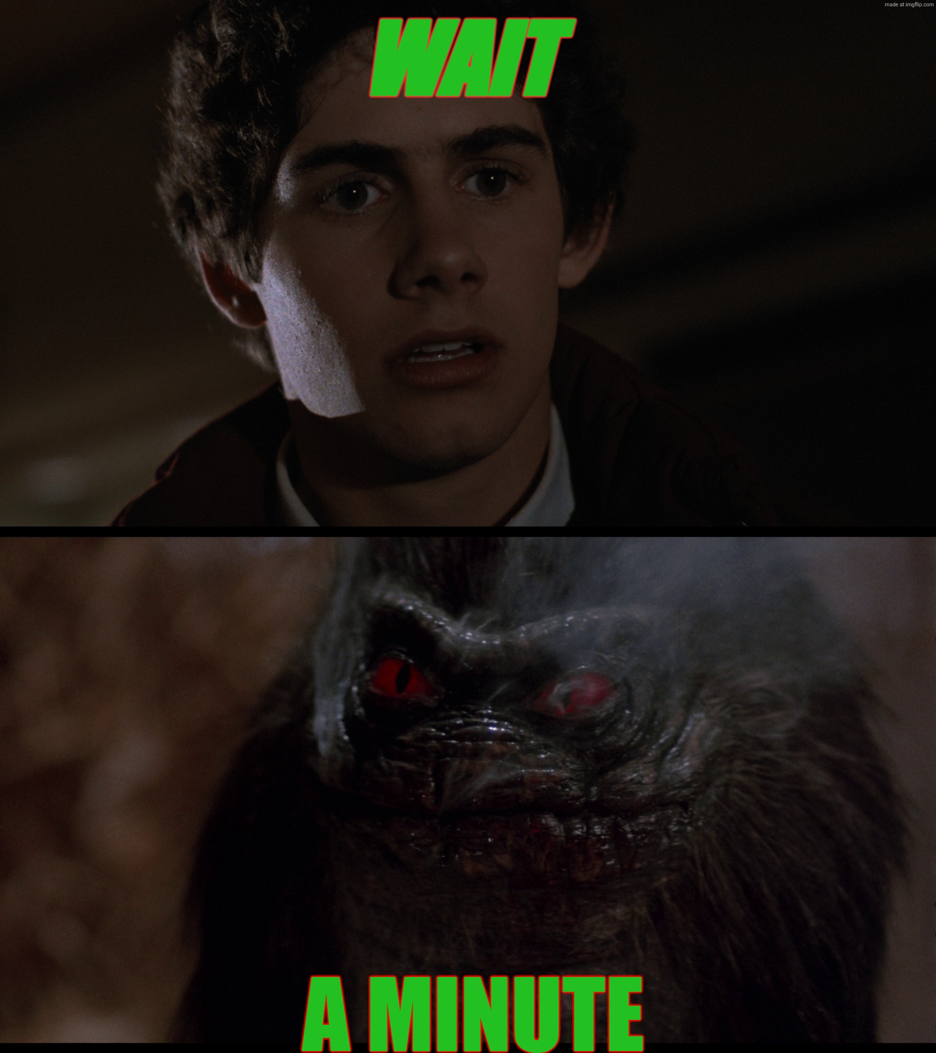 Wait; A minute | image tagged in gremlins_4k_35 png,gremlins,critters | made w/ Imgflip meme maker