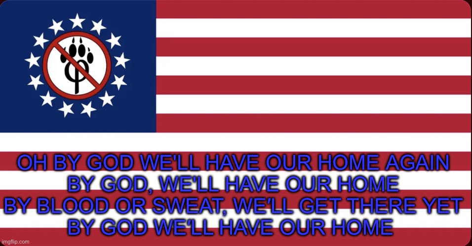 i might genuinely have a meetup irl of all antifurrycorps members someday and take photos of us with airsoft guns in a forest | Oh by God we'll have our home again
By God, we'll have our home
By blood or sweat, we′ll get there yet
By God we′ll have our home | image tagged in american anti furry flag | made w/ Imgflip meme maker