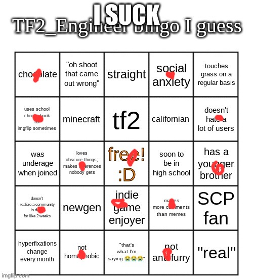 TF2_Engineer's bingo | I suck | image tagged in tf2_engineer's bingo | made w/ Imgflip meme maker