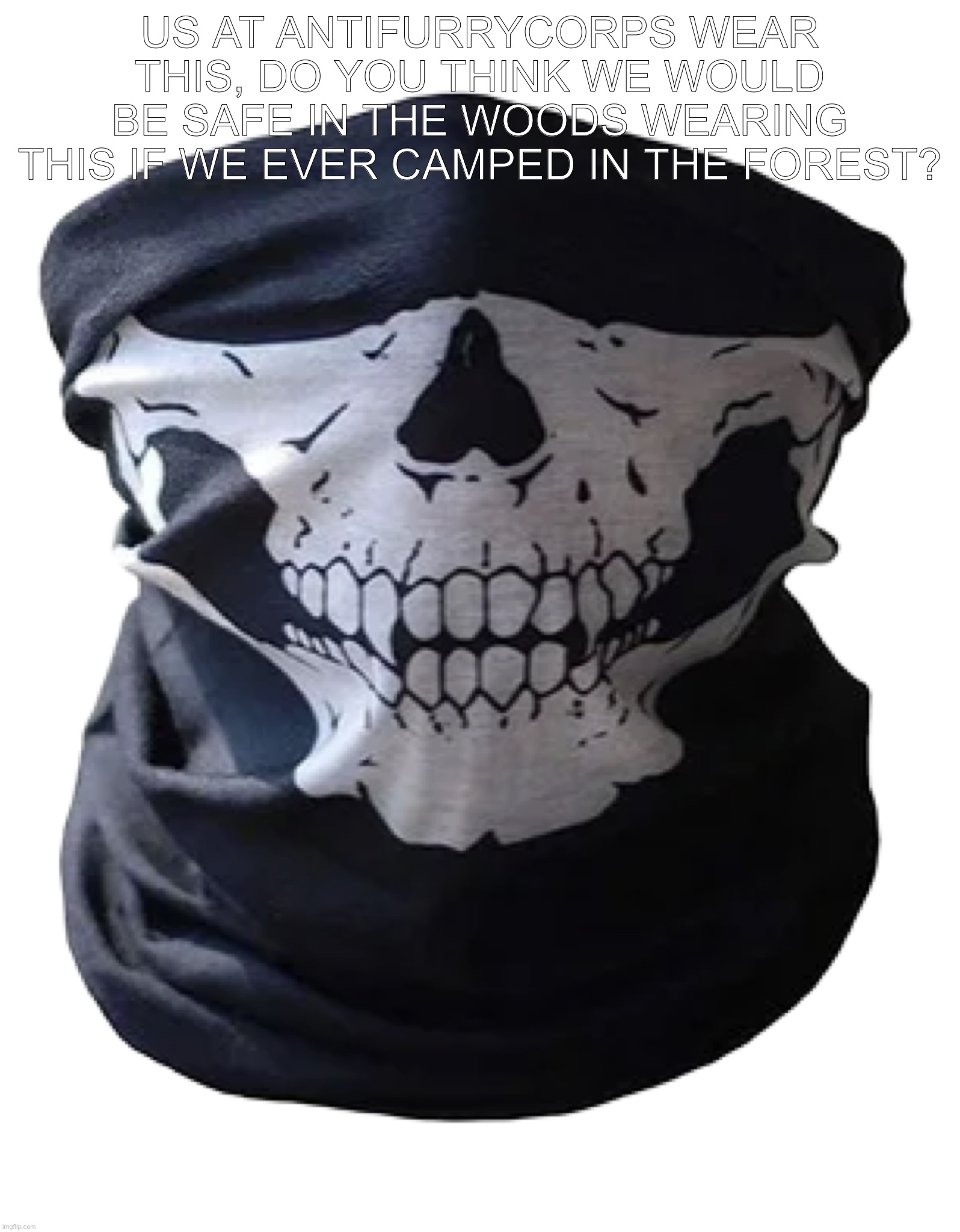 Skull mask | us at antifurrycorps wear this, do you think we would be safe in the woods wearing this if we ever camped in the forest? | image tagged in skull mask | made w/ Imgflip meme maker