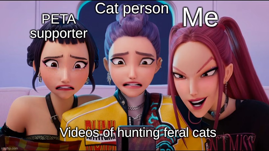 Huntr/x Meme | Cat person; Me; PETA supporter; Videos of hunting feral cats | image tagged in hunter/x react | made w/ Imgflip meme maker