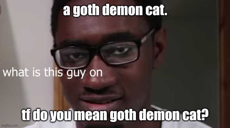 What is this guy on? | a goth demon cat. tf do you mean goth demon cat? | image tagged in what is this guy on | made w/ Imgflip meme maker