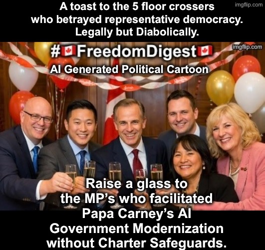Stolen Representation | A toast to the 5 floor crossers who betrayed representative democracy.
Legally but Diabolically. AI Generated Political Cartoon; Raise a glass to the MP’s who facilitated Papa Carney’s AI Government Modernization without Charter Safeguards. | made w/ Imgflip meme maker