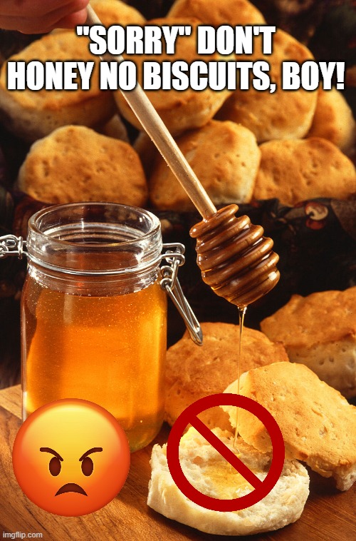 Don't even try.. | "sorry" don't honey no biscuits, boy! | image tagged in honey,biscuits,apology,angry | made w/ Imgflip meme maker