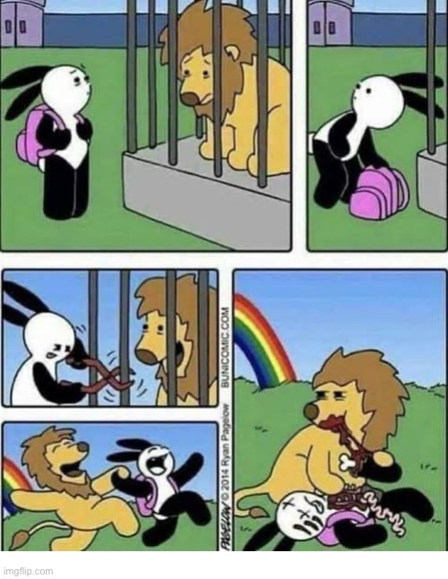 Buni Comics - (The darkest Buni comic ever!) | image tagged in comics,buni comics,zoo,lion,free at last,bad mistake | made w/ Imgflip meme maker