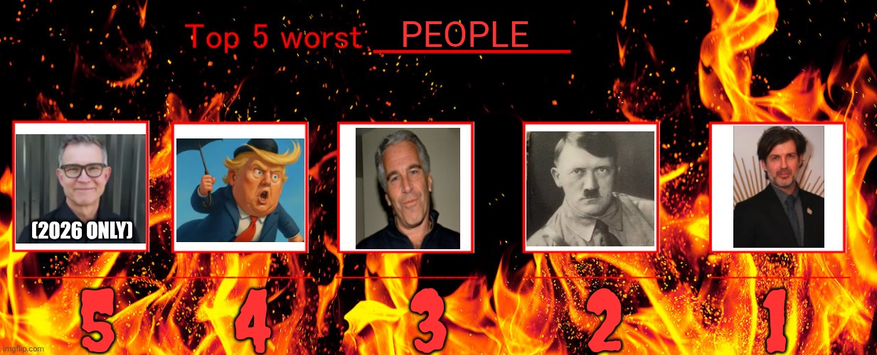 TOP 5 MOST HATED PEOPLE | People; (2026 only); 5      4       3       2       1 | image tagged in top 5 worst blank,david baszucki,donald trump,jeffrey epstein,adolf hitler,j03 8rumm | made w/ Imgflip meme maker