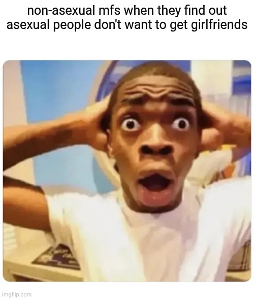 Black guy suprised | non-asexual mfs when they find out asexual people don't want to get girlfriends | image tagged in black guy suprised | made w/ Imgflip meme maker