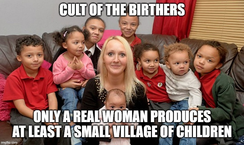 Single Mom With Kids | cult of the birthers; only a real woman produces at least a small village of children | image tagged in single mom with kids | made w/ Imgflip meme maker