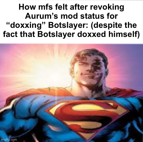 . | How mfs felt after revoking Aurum’s mod status for “doxxing” Botslayer: (despite the fact that Botslayer doxxed himself) | image tagged in superman starman meme | made w/ Imgflip meme maker