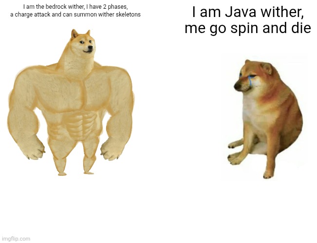 Bedrock vs Java wither | I am the bedrock wither, I have 2 phases, a charge attack and can summon wither skeletons; I am Java wither, me go spin and die | image tagged in memes,buff doge vs cheems | made w/ Imgflip meme maker