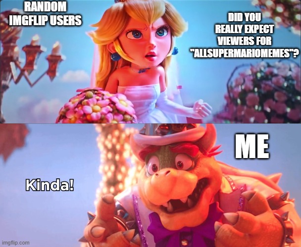 Kinda! | random imgflip users; did you really expect viewers for "allsupermariomemes"? me | image tagged in kinda | made w/ Imgflip meme maker