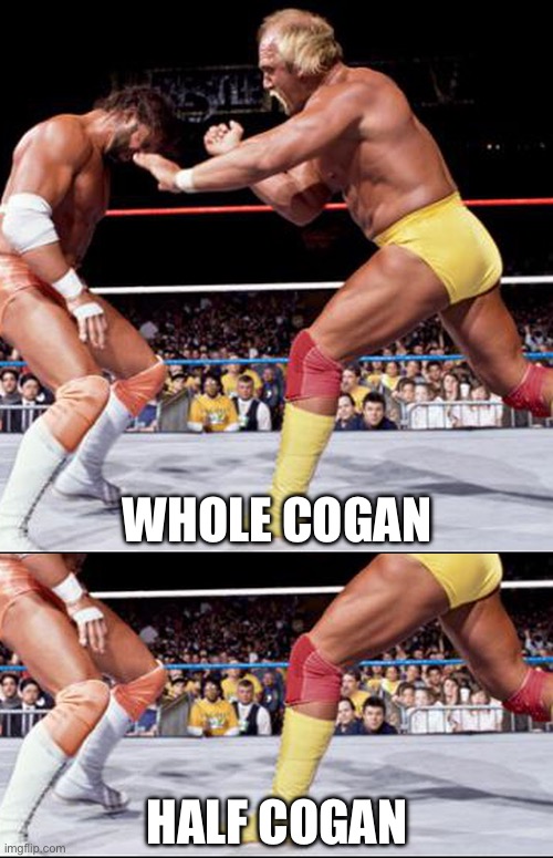 Whole Cogan; Half Cogan | image tagged in hulk hogan and randy savage | made w/ Imgflip meme maker