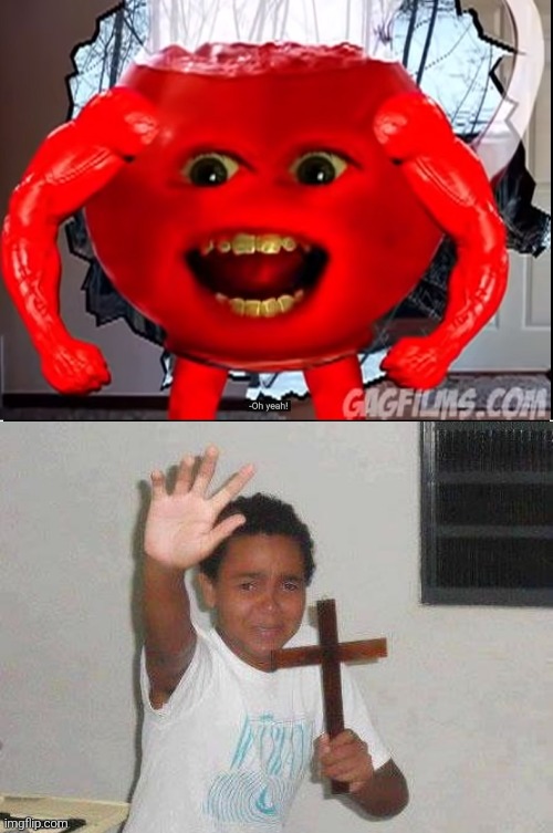 From the same guy who gave us Annoying Orange, what the f- is this abomination? | image tagged in kool aid,kid with cross,wtf,scary,scared kid,memes | made w/ Imgflip meme maker