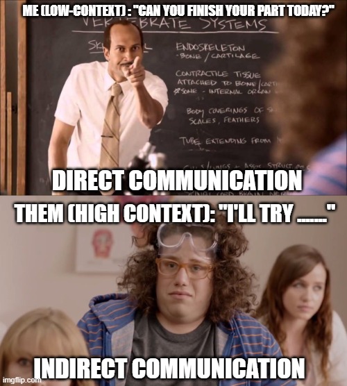 Me (low-context) : "Can you Finish your part today?"; direct Communication; Them (high context): "I'll try ......."; Indirect Communication | image tagged in key and peele substitute teacher,balakay | made w/ Imgflip meme maker