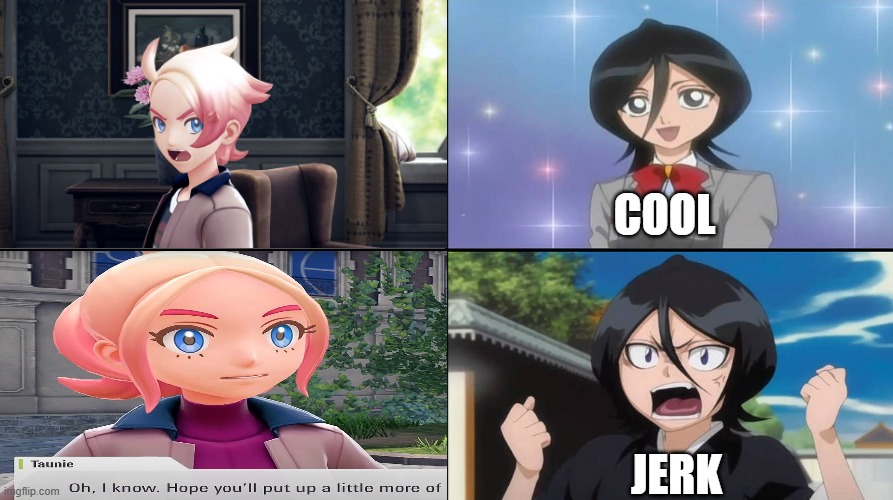 rukia's reactions to rivals | cool; jerk | image tagged in rukia's reactions,pokemon,bleach,nintendo switch,animeme,crossover memes | made w/ Imgflip meme maker