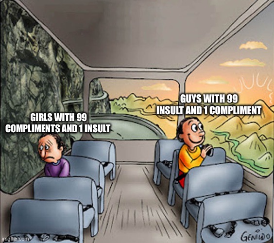 Girls vs guys | Guys with 99 insult and 1 compliment; Girls with 99 compliments and 1 insult | image tagged in two guys on a bus,fun | made w/ Imgflip meme maker