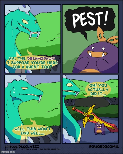 Pest Sprout's quest | image tagged in sword,quest,beast,sprout,pest,victory | made w/ Imgflip meme maker