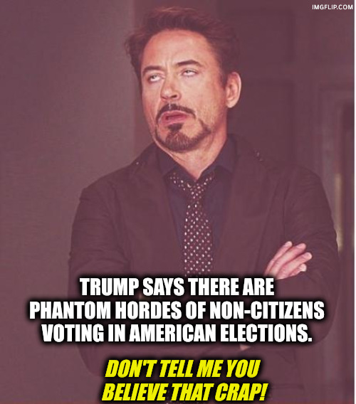 Another trump alibi for losing elections. | Trump says there are phantom hordes of non-citizens voting in American elections. Don't tell me you 
believe that crap! | image tagged in memes,face you make robert downey jr,trump,alibi,excuse,loser | made w/ Imgflip meme maker