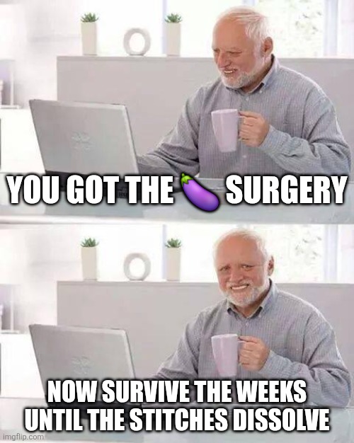 Hide the Pain Harold | You got the 🍆 surgery; Now survive the weeks until the stitches dissolve | image tagged in memes,hide the pain harold | made w/ Imgflip meme maker