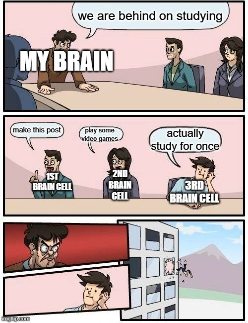 knowing is one thing, actually doing it is another | we are behind on studying; my brain; make this post; play some video games; actually study for once; 1st brain cell; 3rd brain cell; 2nd brain cell | image tagged in memes,boardroom meeting suggestion,studying,school,funny memes,relatable | made w/ Imgflip meme maker