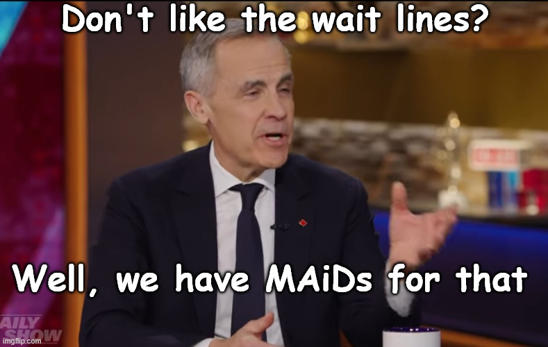 Mark Carney | Don't like the wait lines? Well, we have MAiDs for that | image tagged in mark carney | made w/ Imgflip meme maker