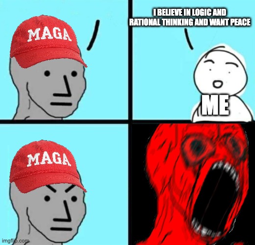 They have no logic | I believe in logic and rational thinking and want peace; me | image tagged in angry npc wojack rage,anti-maga,anti-trump,liberal,scumbag republicans | made w/ Imgflip meme maker