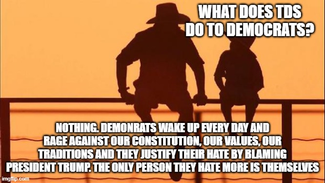Cowboy wisdom, they are mentally ill | What does TDS do to democrats? Nothing. Demonrats wake up every day and rage against our constitution, our values, our traditions and they justify their hate by blaming President Trump. The only person they hate more is themselves | image tagged in cowboy father and son,cowboy wisdom,mentally ill,tds is curable,rage for rage sake,democrat war on america | made w/ Imgflip meme maker