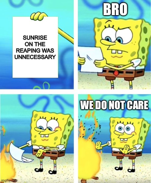 Hush up Reddit | Bro; Sunrise on the reaping was unnecessary; We do not care | image tagged in spongebob burning paper | made w/ Imgflip meme maker