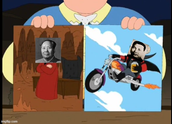 Pol Pot is atleast 6 inches taller, has a flying motorcycle and a jar of marmalade which we believe forces you to commit adulter | image tagged in super devil,pol pot,mao zedong,communism,cambodia,family guy | made w/ Imgflip meme maker