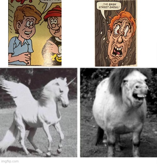 Who wanted this goofy ass in a kids book? | image tagged in beautiful unicorn and ugly horse,beano,the beano annual 2021,what a terrible day to have eyes,goofy ahh,wtf is that | made w/ Imgflip meme maker