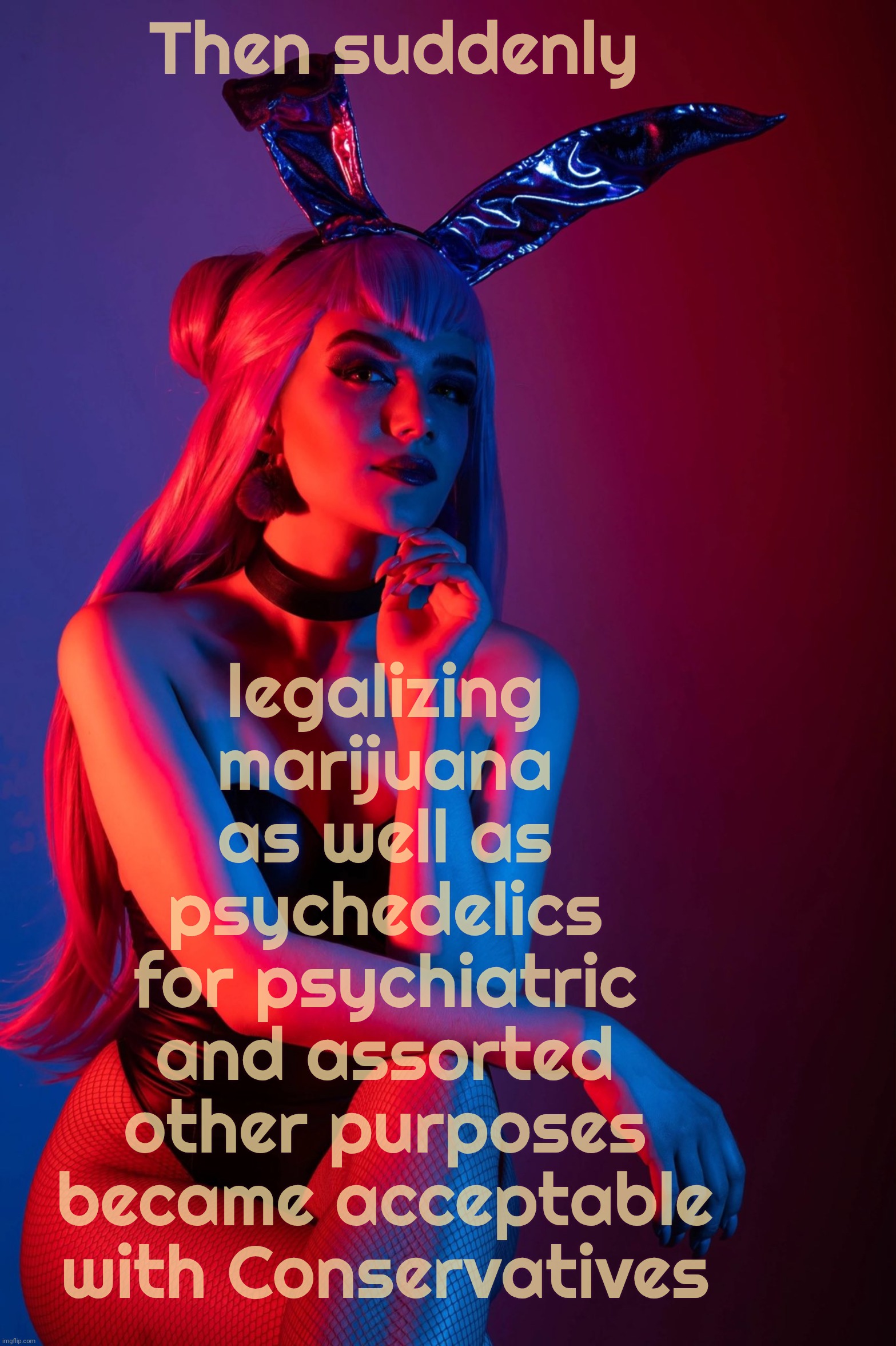 Evelynn K/DA | Then suddenly legalizing
marijuana
as well as
psychedelics
for psychiatric
and assorted
other purposes
became acceptable
with Conservatives | image tagged in evelynn k/da | made w/ Imgflip meme maker