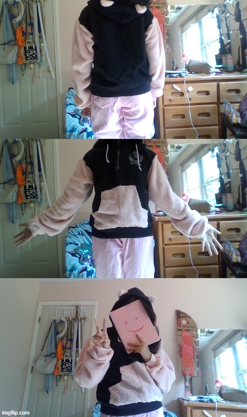 i made my own hoodie from 3 old clothing! it was made from a jacket, a hoodie and a old pj suit i had. it even has cute cat ears | image tagged in win_20260425_10_08_36_pro jpg | made w/ Imgflip meme maker