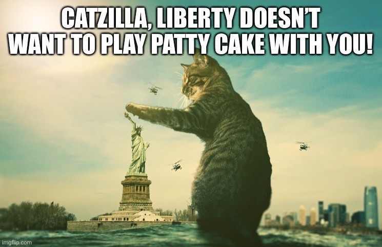 Catzilla Playing Pattycake with Lady Liberty? | image tagged in cat,nyc,statue of liberty,uh oh | made w/ Imgflip meme maker